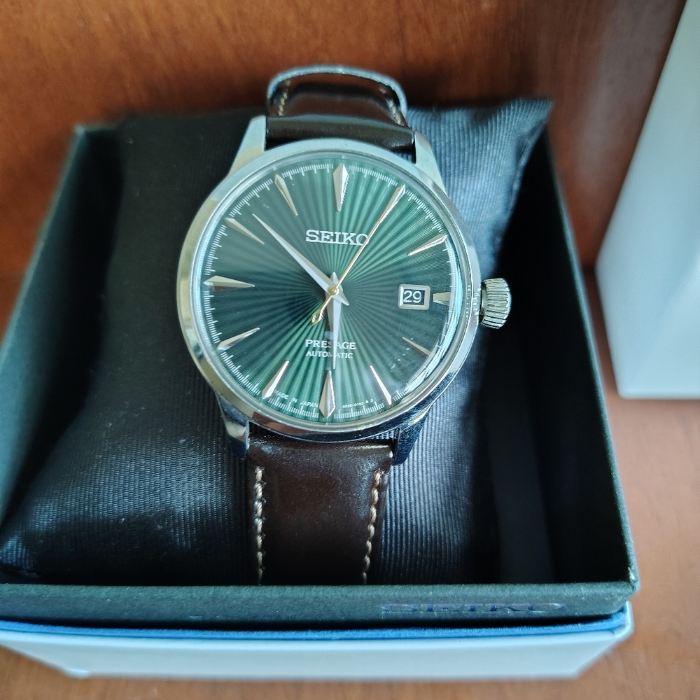 Seiko Presage Green Dial Watch with Brown Leather Strap